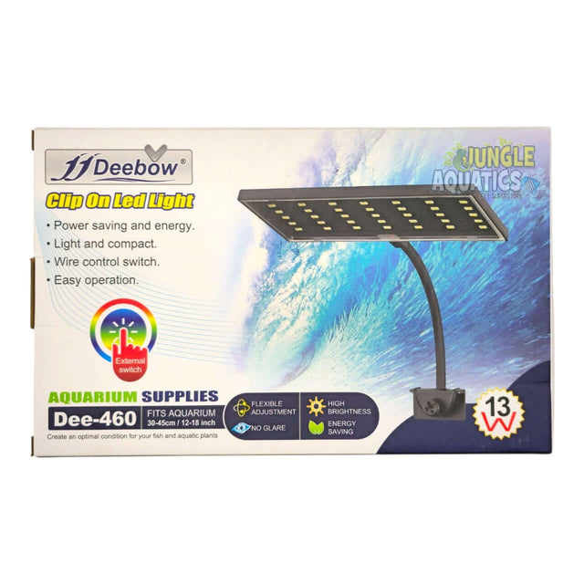 Deebow Clip On LED Light packaging showcasing its features and specifications for aquarium lighting.