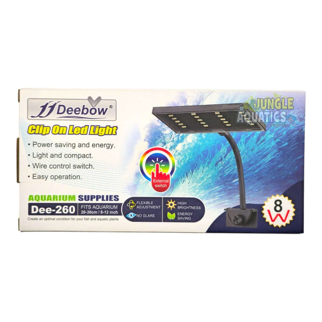 Deebow Clip On LED Light packaging showcasing its features and specifications for aquarium lighting.