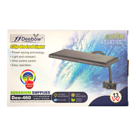 Deebow Clip On LED Light packaging showcasing features for aquarium lighting.