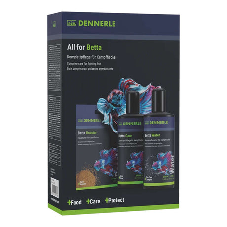 Dennerle All for Betta 3in1 product packaging with Betta Booster, Betta Care, and Betta Water for fighting fish care.