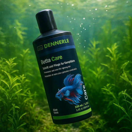 Dennerle Betta Care 250ml for Betta fish protection and care, enriched with aloe vera and extracts for well-being.