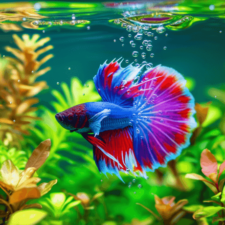 Vibrant Betta fish swimming among aquatic plants, showcasing its colorful fins and natural habitat.