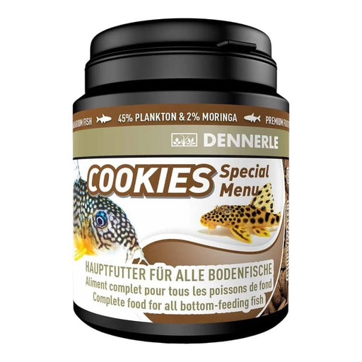 Dennerle Cookies Special Menu for bottom-dwelling fish, featuring high-quality ingredients like moringa and plankton.