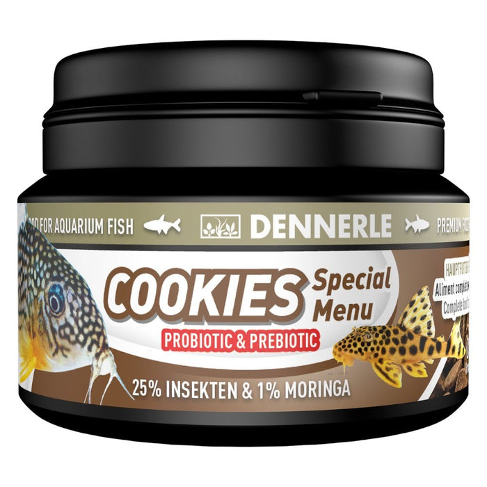 Dennerle Cookies Special Menu for aquarium fish, featuring probiotic and prebiotic ingredients for healthy bottom-dwellers.