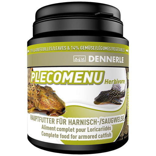 Dennerle PlecoMenu 200ml container for catfish, featuring algae and plant-based food with natural ingredients.