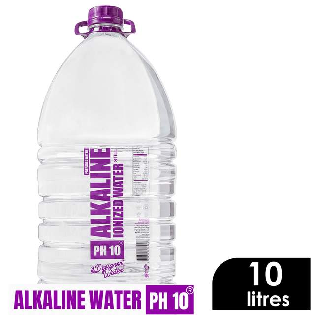 Designer Water Alkaline Ionized Water Still 10 liters bottle with pH 10 for enhanced hydration and energy.