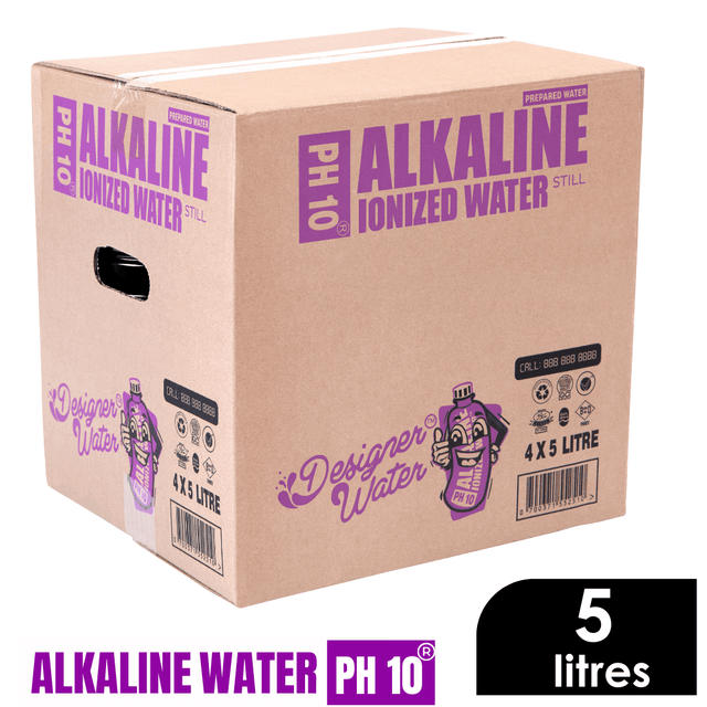 Designer Water Alkaline Ionized Water Still 5 litre box showcasing pH 10 hydration benefits.