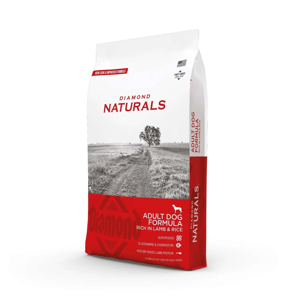 Diamond Naturals Adult Dog Formula Rich in Lamb and Rice Dry Dog Food bag with natural landscape backdrop.