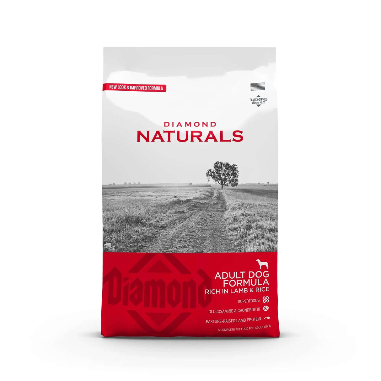 Diamond Naturals Adult Dog Formula Rich in Lamb and Rice Dry Dog Food packaging image featuring a scenic landscape.