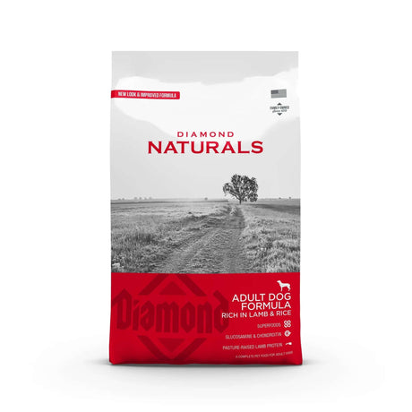 Diamond Naturals Adult Dog Formula Rich in Lamb and Rice Dry Dog Food packaging image featuring a scenic landscape.