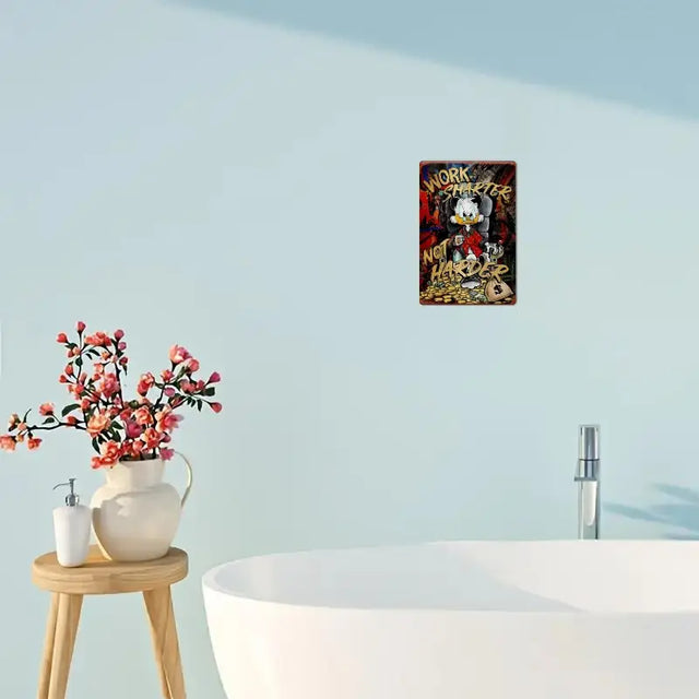 Disney Scrooge McDuck inspirational metal sign saying 'Work Smarter Not Harder', displayed in a modern bathroom setting.