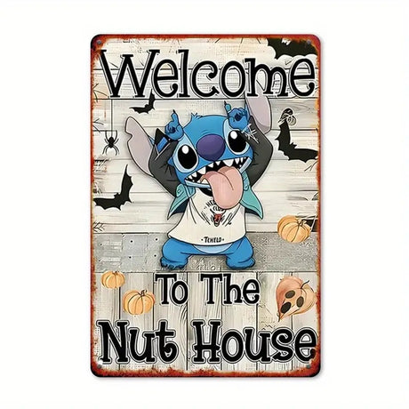 Disney Stitch 'Welcome To The Nut House' vintage iron sign with Halloween design, perfect for home décor.