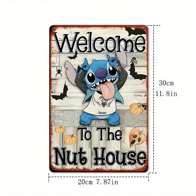 Disney Stitch Welcome Sign featuring a humorous Halloween design, perfect for home décor and entryway decoration.