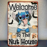 Disney Stitch vintage iron welcome sign with Halloween design, featuring Stitch and pumpkins, perfect for home decor.