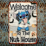 Disney Stitch vintage welcome sign with Halloween design, featuring Stitch and pumpkins, perfect for home décor.