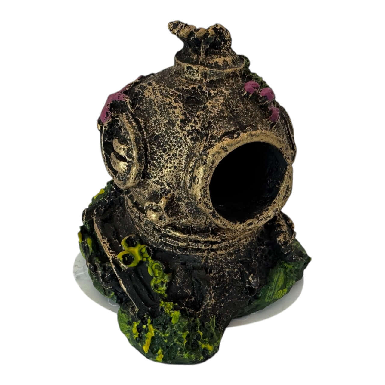 Vintage diver helmet aquarium ornament with pink starfish and coral accents, covered in soft green moss.