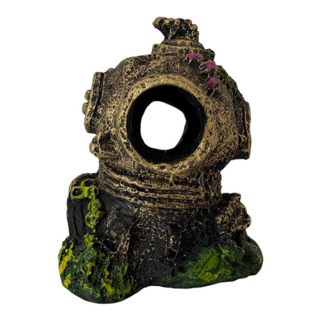Diver helmet aquarium ornament with vibrant colors and coral accents, perfect for underwater-themed aquariums.