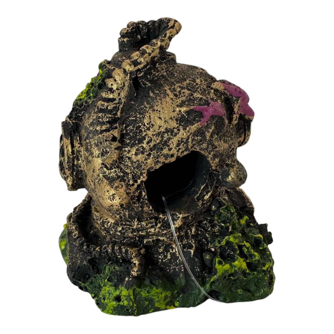 Diver helmet aquarium ornament with pink starfish and moss, ideal for enhancing underwater scenes.