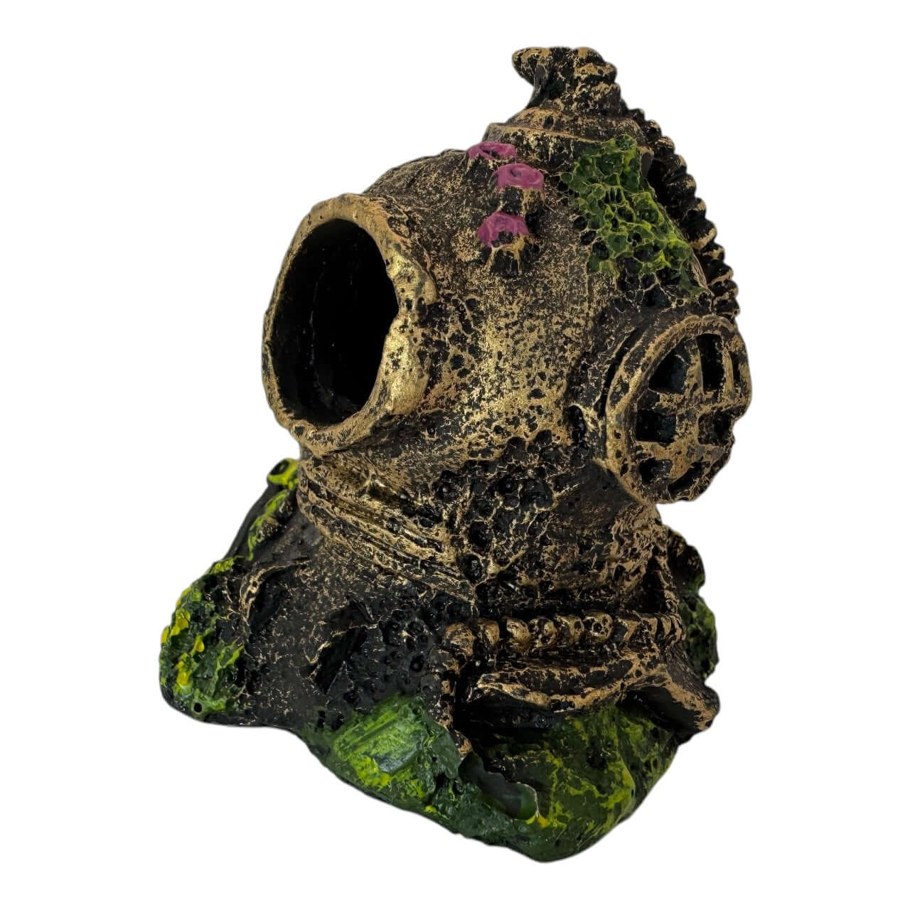 Diver helmet aquarium ornament adorned with pink starfish and green moss, perfect for enhancing underwater decor.
