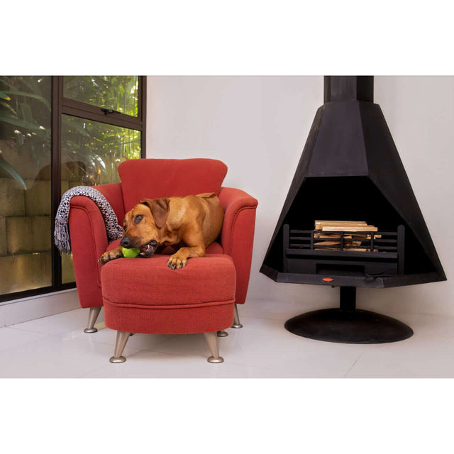 Dog playing with a green toy on a red chair near a modern fireplace in a cozy living room.