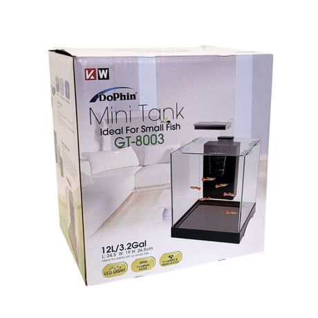 Dophin Mini Tank 12L packaging for small fish aquarium, featuring LED light, internal filter, and compact design.