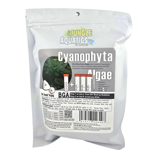 Dr. Tank Cyanophyta Algae Remover packaging with treatment instructions and product benefits for aquarium maintenance.