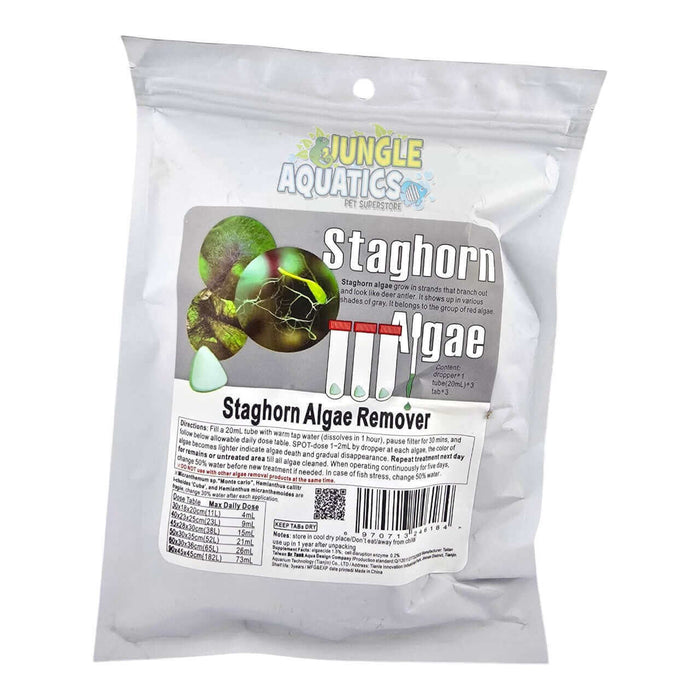 Staghorn Algae Remover by Jungle Aquatics in a clear package with algae treatment instructions and dosage information.