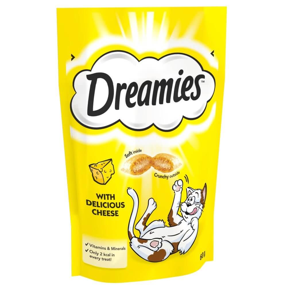 Dreamies Cat Treats 60g packaging featuring crunchy treats with delicious cheese for cats and kittens.