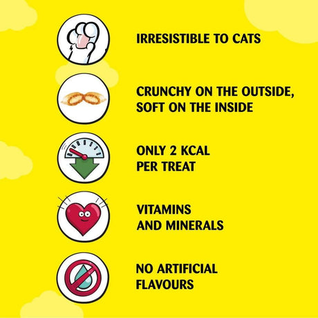 Infographic highlighting benefits of Dreamies Cat Treats: irresistible, crunchy, low calories, vitamins, and no artificial flavors.