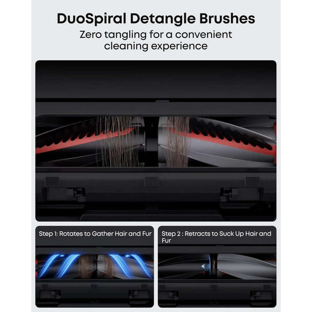 Eufy E25 Omni Robot Vacuum featuring DuoSpiral Detangle Brushes for zero tangling during cleaning.