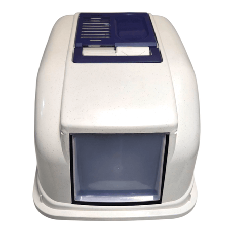 Cat Loo with hood for indoor and outdoor use, made of durable plastic, designed for easy cleaning and maintenance.