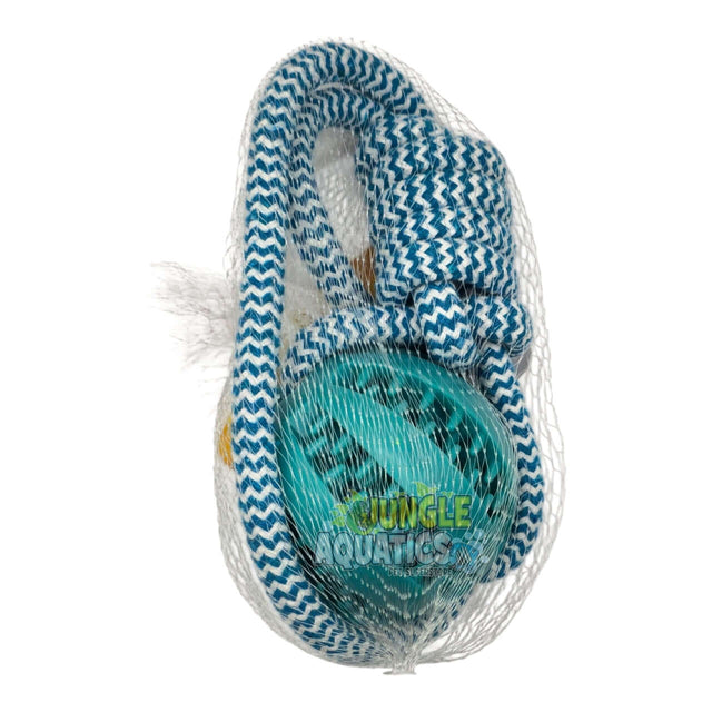 Rope Ball Tug Toy in packaging featuring a durable rope handle and textured rubber ball for dogs.