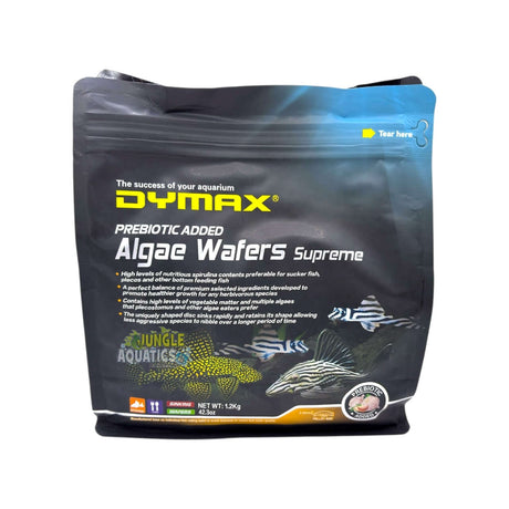 Dymax Algae Wafers Supreme packaging showcasing premium sinking wafers for plecos and bottom feeders.