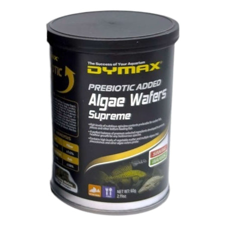 Dymax Algae Wafers Supreme packaging, premium sinking wafers for plecos and bottom feeders, prebiotic added.