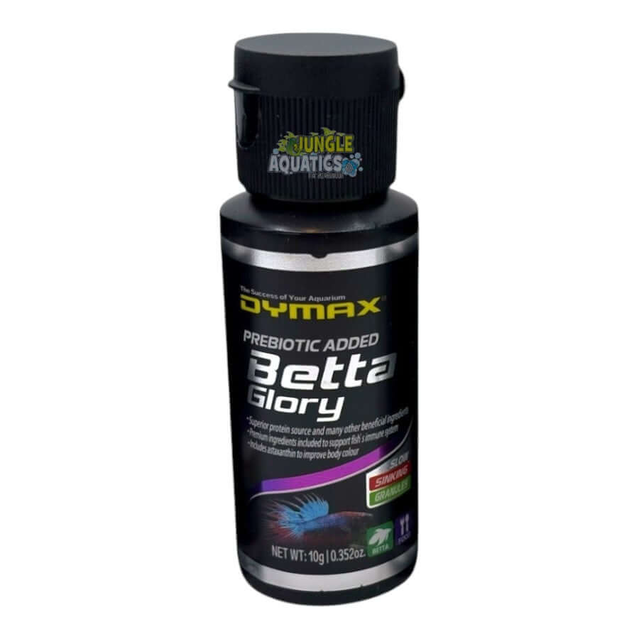 Dymax Betta Glory 10g bottle for Siamese Fighting Fish nutrition with prebiotics and complete diet formula.