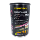 Dymax Bottom Feeder Elite packaging featuring prebiotic added formula for bottom-feeding fish