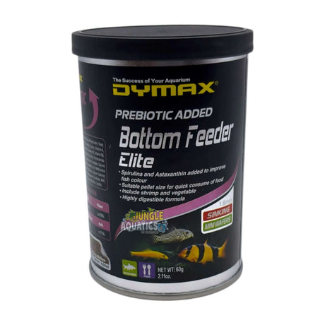 Dymax Bottom Feeder Elite packaging highlighting prebiotic ingredients for sinking wafers for bottom-dwelling fish.