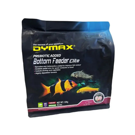 Dymax Bottom Feeder Elite packaging for catfish, loaches and corydoras, rich in protein and fiber.