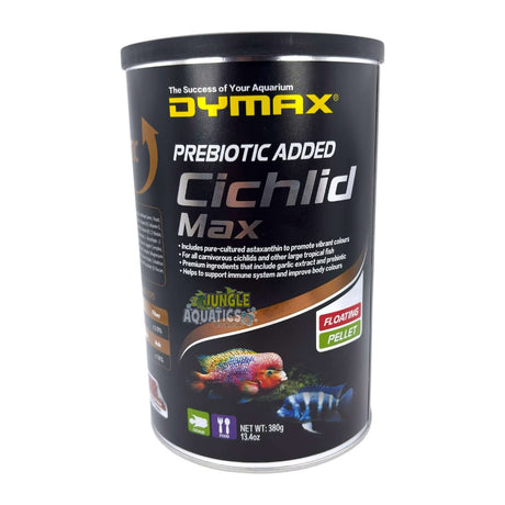 Dymax Cichlid Max prebiotic added floating pellets for carnivorous cichlids, 380g packaging.