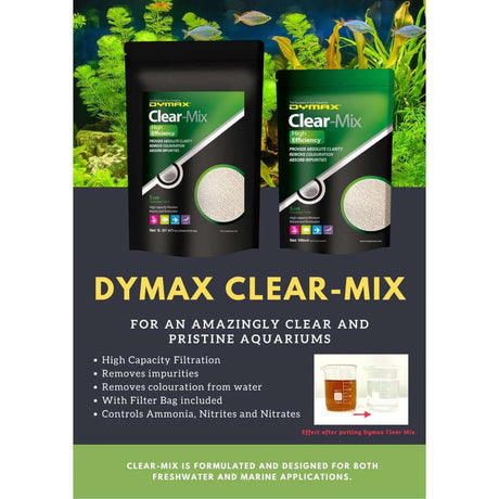 Dymax Clear Mix packaging for crystal clear aquariums, highlighting filtration, impurity removal, and ammonia control.