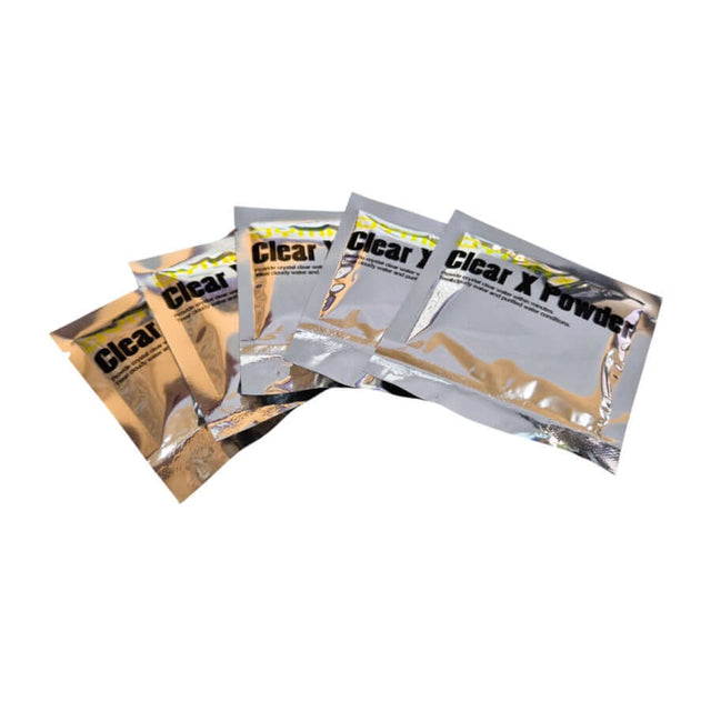 Dymax Clear X Powder 5 Pack sachets for clear, purified aquarium water, suitable for all aquatic environments.