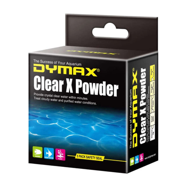 Dymax Clear X Powder 5 Pack for crystal clear aquarium water, removes cloudiness, suitable for all aquatic environments.