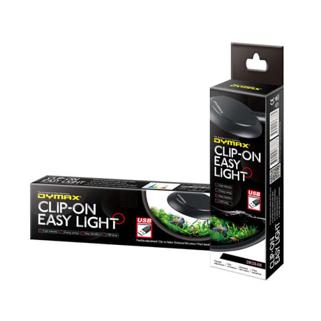 Dymax Clip-On Easy Light 6W packaging designed for enhancing aquarium plant growth and fish colors.