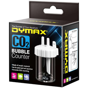 Dymax CO2 Bubble Counter packaging for monitoring CO2 in aquariums, including non-return feature and easy installation.