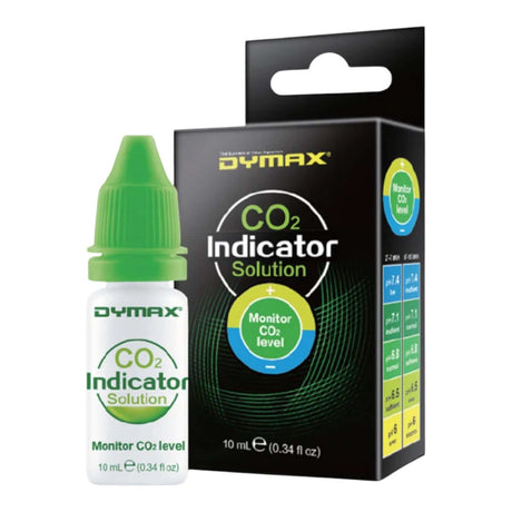 Dymax CO2 Indicator Solution 10ml bottle and packaging for measuring CO2 levels in planted aquariums.