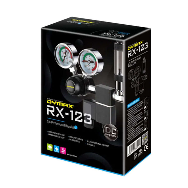 Dymax CO2 Pro Regulator RX-123 packaging showcasing dual gauges and solenoid for accurate aquarium CO2 regulation.