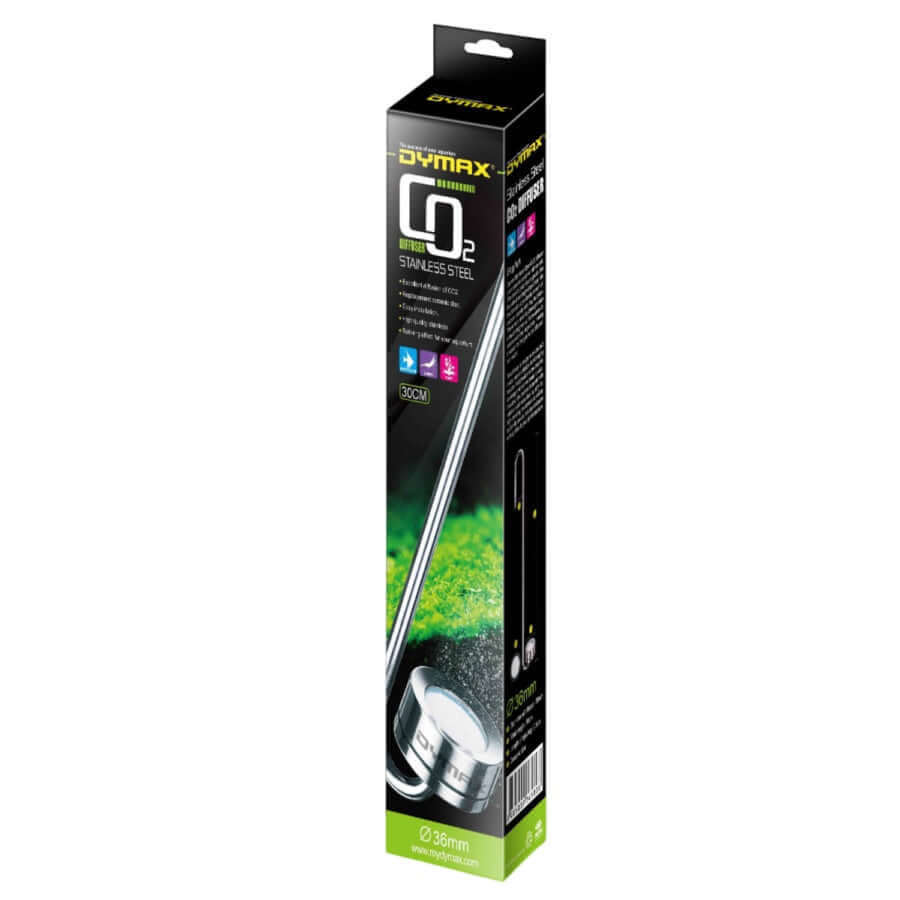 Dymax Co2 Stainless Steel Diffuser packaging showcasing easy installation and ceramic disc technology for aquariums.