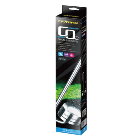 Dymax Co2 Stainless Steel Diffuser packaging showcasing easy installation and high-quality diffusion for aquariums.