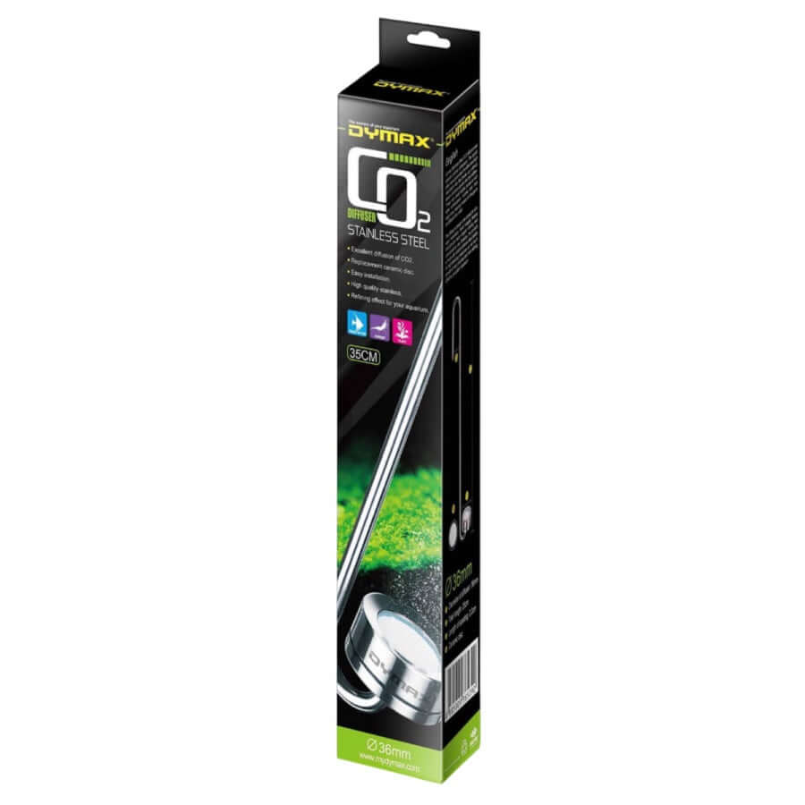 Dymax Co2 Stainless Steel Diffuser packaging showcasing high quality design for easy aquarium installation and effective gas diffusion.
