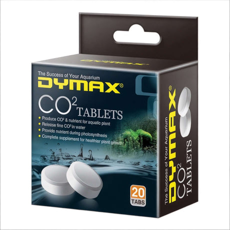 Dymax CO2 Tablets packaging for aquatic plants, providing essential nutrients, 20 tabs for healthier growth.